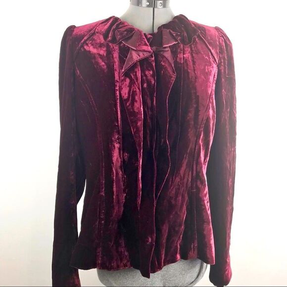 T Tahari Wine Velvet Ruffle Front Blazer Jacket - Picture 1 of 16